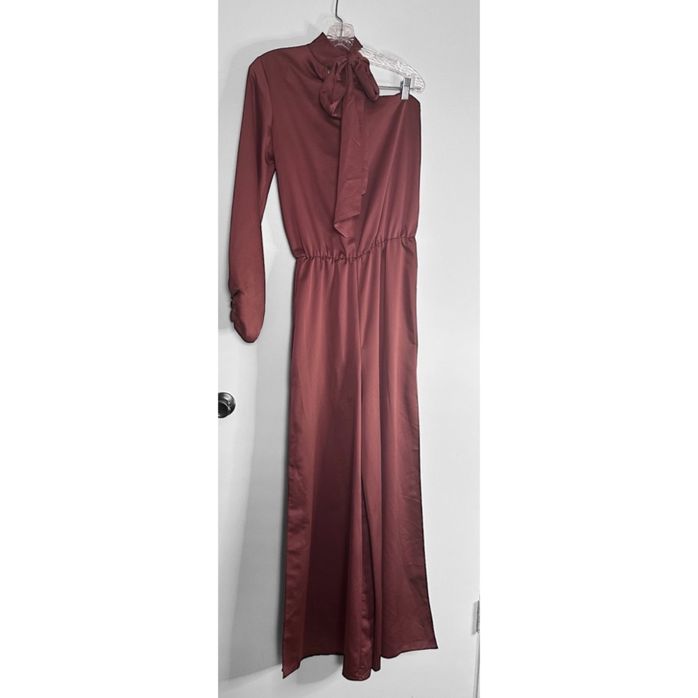 NWT ASOS One Shoulder Rust Brown Jumpsuit with Necktie Collar Sz 4